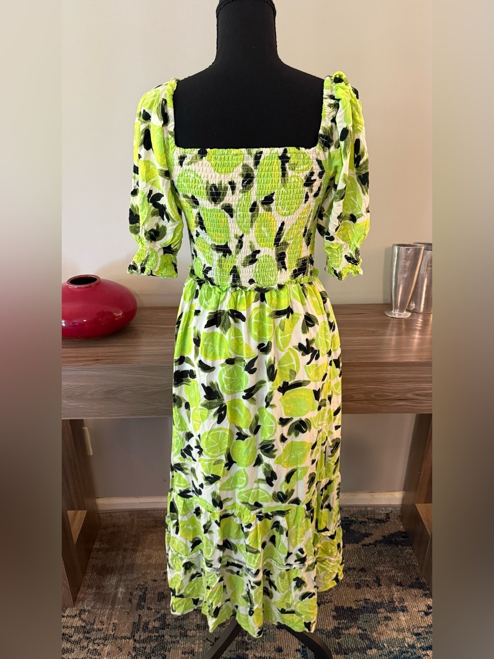 Steve Madden Green Citrus Fruit Smocked Cottagecore Puff Sleeve Picnic Dress M
